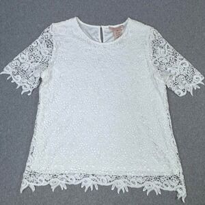 Philosophy‎ White Lace Lined Crochet Short Sleeve Top Blouse Womens Size M